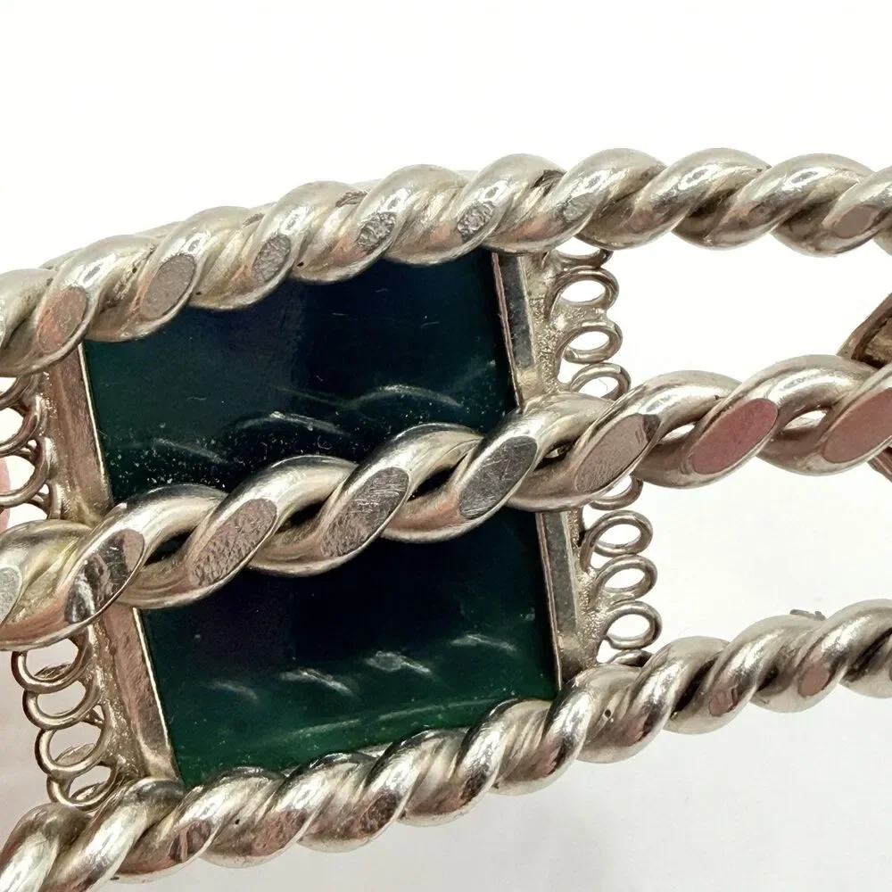 Vintage Marbleized Green Bakelite Filigree Cuff Artisan Bracelet Silver Tone